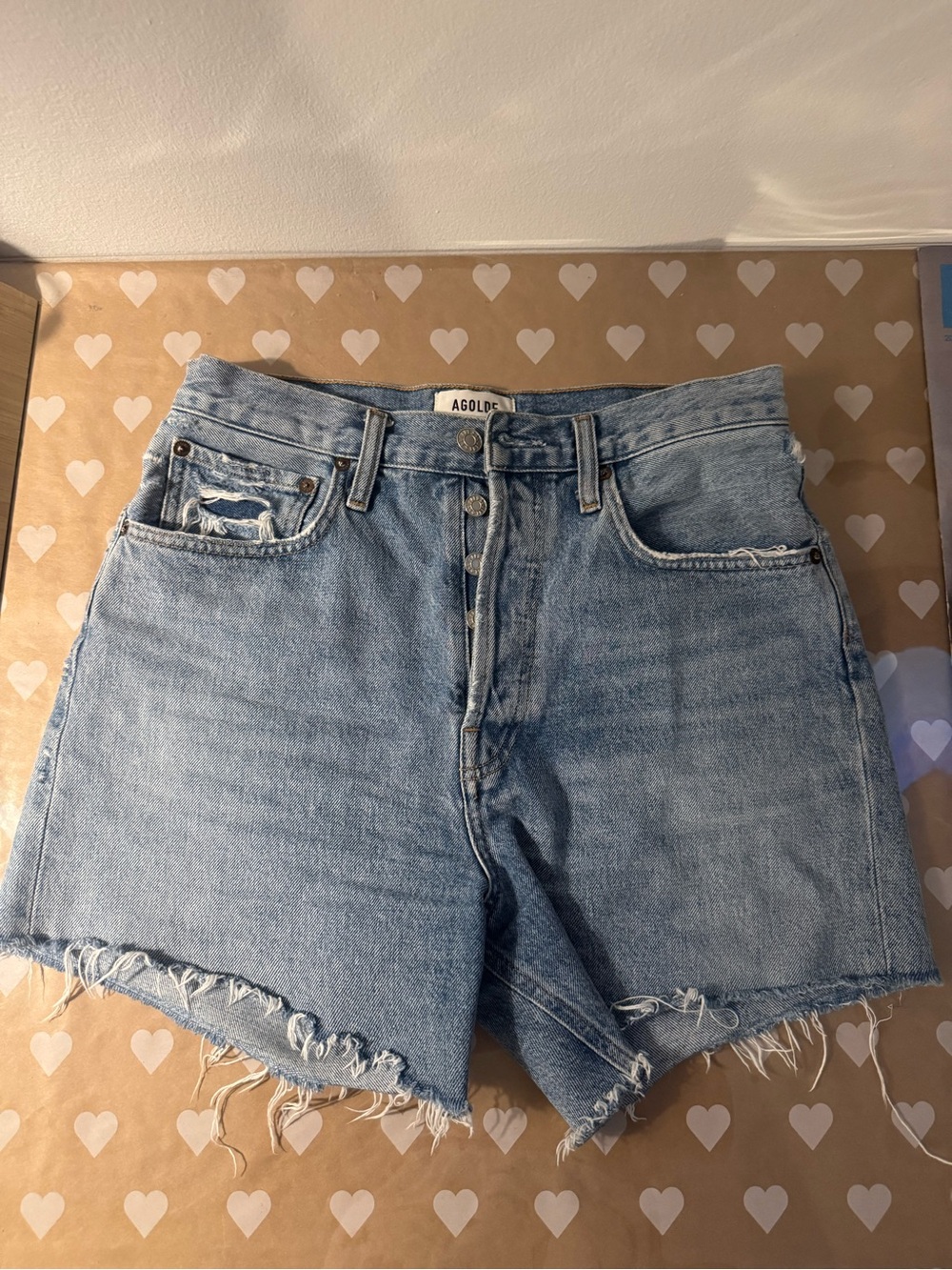 Agolde Light Blue Raw Hem High-Rise Denim Shorts